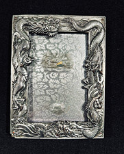 Antique Double Dragons and Flaming Pearl. 4.25” x 5.5”. Silver Plate.  picture