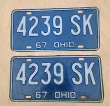 1967 Ohio License Plate 4239 SK Vintage Automobilia Collectible picture