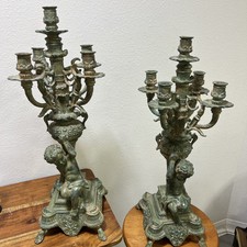 2 Huge Bronze  French Angels Candelabra Solid  & Heavy 25.5
