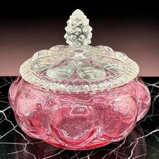 Fenton Diamond Optic Melon Shape Cranberry Pink Glass Covered Powder Jar picture