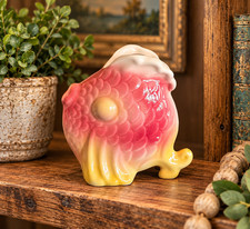 VTG MCM Ceramic Blowfish Planter Vase Yellow & Pink Ombre Pottery 1960s picture