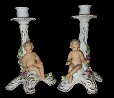 Vintage DRESDEN Germany Porcelain Cherub Figural Rococo Candlesticks Pair 8