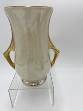 Gorgeous Vtg Vase Iridescent Pearlized Ivory 22 Kt Gold Handles Pearl Co USA 8” picture