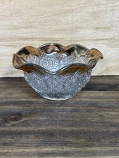 Vtg EAPG Gold Trim Ruffled Bowl Diamond Starburst Pressed Glass 5.5” Candy Dish picture