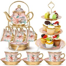 Vintage 21-Piece Ceramic Teapot Set with Porcelain Tea Cups & Metal Holder - Pin picture