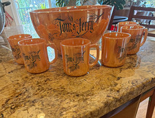 Title: Vintage Fire-King Tom & Jerry Peach Lustre Punch Bowl Set 7 Pc 6 Mugs picture
