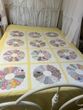 Antique Dresden Plate Pieced Quilt Sunny Yellow Florals Cottagecore Vintage picture