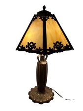 Art nouveau 24” table lamp bronze base with 6 Panel slag glass shade picture