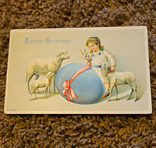 Vintage 1914 Easter Greetings Postcard Girl w/ Lambs Blue Egg Embossed picture