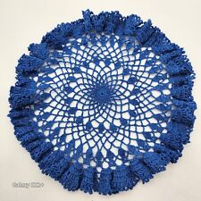 Vintage Hand Thread Crocheted Round Scalloped Royal Blue Doily 12