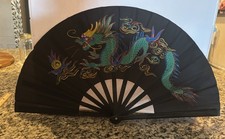 Black Chinese Folding Fan with Colorful Dragon Design picture