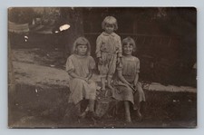 Farm Girls on Tree Stump Rural Outdoor Antique RPPC Postcard picture