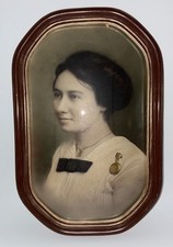 Antique Oval Bubble Convex Glass Frame Woman Portrait Circa Early 1900s 11 x 17