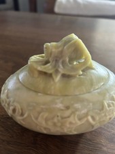 Vtg Chinese Oval coveredSerpentine stone box/bowl Grasshopper Motif 4.5 