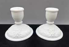 Set Of 2 VTG Imperial Glass Milk Glass GrapeMotif Taper Candle Holders 1950s picture