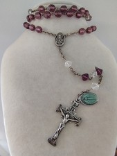 Vtg Sterling Silver 925 Amethyst Purple Crystal Glass Rosary Prayer Necklace 24