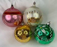 Lot Of 4 Vintage Large & Med Hand Painted Blown Glass Christmas Ball Ornaments picture