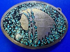Abstract Native American Indian Head Figure W/ Turquoise Chip Inlaid Belt Buckle picture