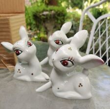 Vtg NOS Big Eye Baby Deer Figurines  MCM Set Of Three White Kitsch In Box picture