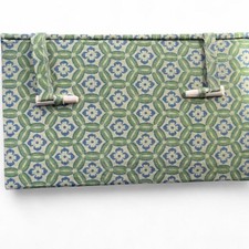 Unique vintage Asian-style fabric storage box featuring a green and blue geometr picture