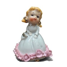 Vintage Lefton Bell Girl Figurine 1452 White Dress Pink Roses Gold Trim Japan picture