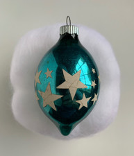 Vintage 1949 Shiny Brite Teardrop Xmas Ornament Blue with Stenciled Stars picture