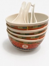 Vintage Chinese Mun Shou Hard Plastic/Melamine Bowls & Spoons Set of 4 picture