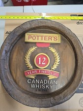 VINTAGE POTTERS WHISKEY SIGN CANADIAN WHISKEY BARREL SHAPED SIGN ADVERTISING picture