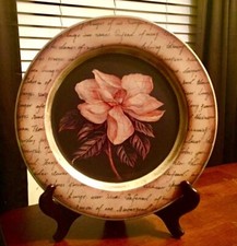 Beautiful HAND PAINTED BLACK & GOLD CERAMIC POTTERY PLATE Lily Floral Pattern picture