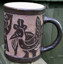 Vtg Mexican Pottery Mug BLACK BARRO NEGRO Oaxaca HAND CARVED Burnished FIGURAL C picture