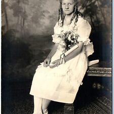 c1910s Lovely Young Lady Girl Church Confirmation RPPC Flower Real Photo A142 picture