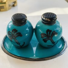 3 Pc Vtg Aelteste Hutschenberg Hohenberg Salt Pepper Tray Teal Blue Silver Plate picture