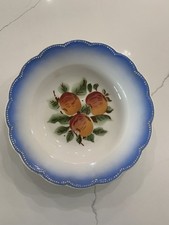 Antique German 9” Bowl Featuring Peaches In Center With Blue Border.  picture