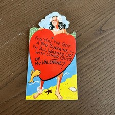 Vintage Mechanical Valentine Card Pinup Hula Girl Beach Heart Pop Up USA Made picture