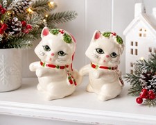 Vintage Lefton Christmas Cat Salt & Pepper Shakers Kittens Holly 3