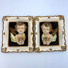 Norcrest Japan Hand Painted Ceramic Cherub Angel Wall Plaques Pair 1950s picture