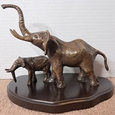 Vintage Bronze Sculpture Parent Elephant With Child Figurine Wooden Base Statue picture