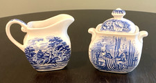 Vtg Liberty Blue Creamer Sugar Historic Colonial Scenes Paul Revere Betsy Ross picture