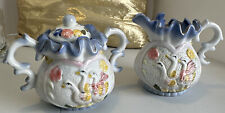 Vintage Dressed Up Geese Floral Teapot Creamer Sugar Ceramic set gold accents picture