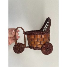 Vintage MCM Mini Wicker Baby Carriage Tricycle Basket Rattan Planter Decor picture