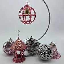 Vintage Bradford Novelty Plastic Christmas Ornaments MCM Pink Silver Red 6pc picture