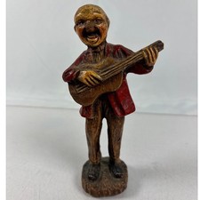 Vintage Hand Carved Wood Musician Figurine Guitar Player Folk Art Red Jacket picture