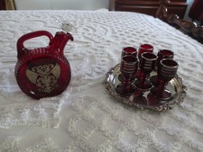 Paden City GLADES RUBY Etched DECANTER & STOPPER w/6 CORDIALS & Silverplate TRAY picture