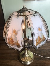 Vintage OK lighting Guardian Angel Glass Panel Side Table Lamp, Gold Tone picture