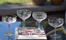 4 Vintage Etched Cocktail Glasses - Coupes, Mixed Set of 4 Glasses, 1920's, picture