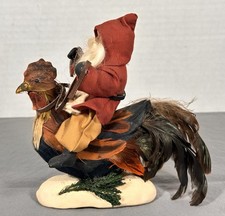 Cathy Schneider Belsnickle Santa Riding Rooster Chicken Folk Art Signed 1998 picture