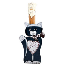 Vtg Rustic Wooden Blue Cat Matchstick Holder Heart Dots Kitty Fireplace Cottage picture