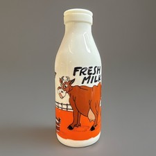 Vintage Egizia Fresh Milk Glass Bottle Cow Illustration Made in Italy White Glas picture