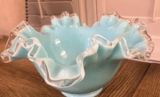 Fenton Turquoise Milk Glass Bowl with Silver Crest Crimped Edge picture