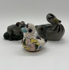 Vintage Tonala? Mexican Art Folk Pottery Hand Painted  Set Of 3 Frog Duck Bird picture